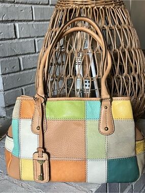 Fossil Long Live 1954 Pastel Leather Suede Patchwork Satchel Bag